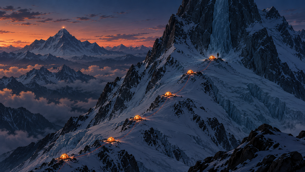Six lit tents climb a snow mountain along a red fixed rope and stop beneath a dark ice wall, while a single light glows near the summit of a taller peak beyond.