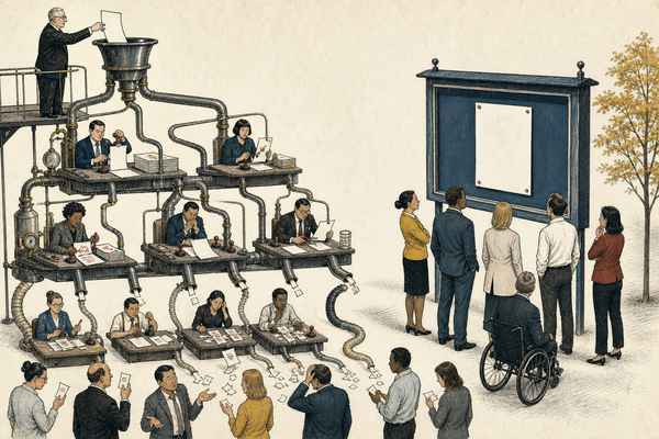 A bureaucratic machine passes a document through layers of managers while a group consults one authoritative public notice.