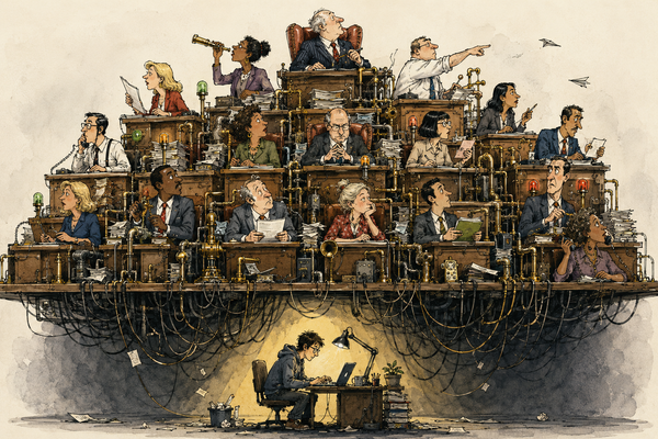 A vast, antiquated management machine of desks, paperwork and communication pipes looming above a lone engineer at work.