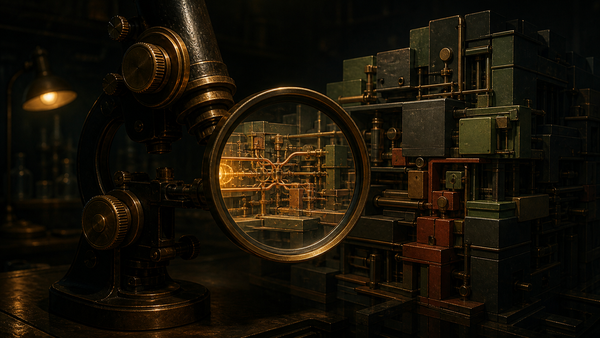 A brass microscope reveals fine connections inside a large modular machine that appears coarse outside the lens.