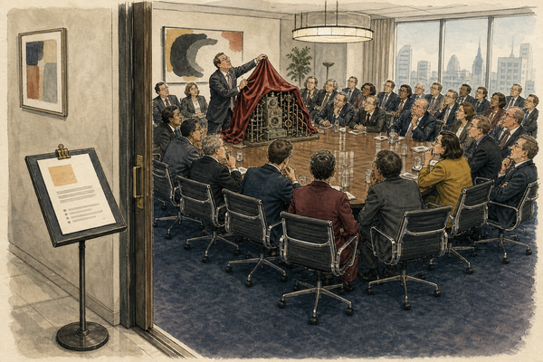 More than twenty executives attend an unexplained technology demonstration while a concise product document sits ignored outside the meeting room.