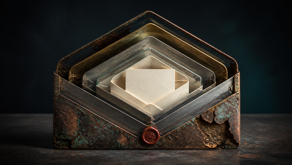 A pristine paper card nested inside increasingly elaborate glass and metal envelopes whose outer layers are corroding.