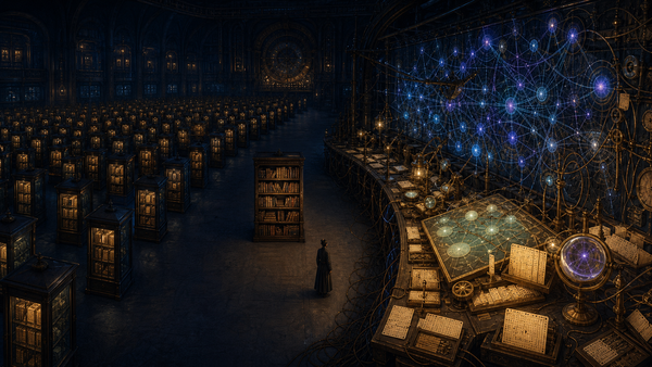 A dark library divided into hundreds of locked book cabinets beside an elaborate glowing map room that traces their connections.
