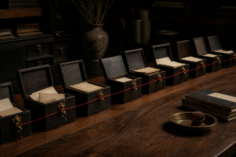 A red thread passes through the locks of many separate archival boxes, turning one route into repeated transactions.