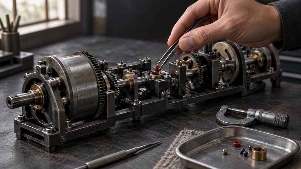 A hand uses tweezers to fit a small red component into an open mechanical assembly, with connected shafts and wheels extending across the workbench.