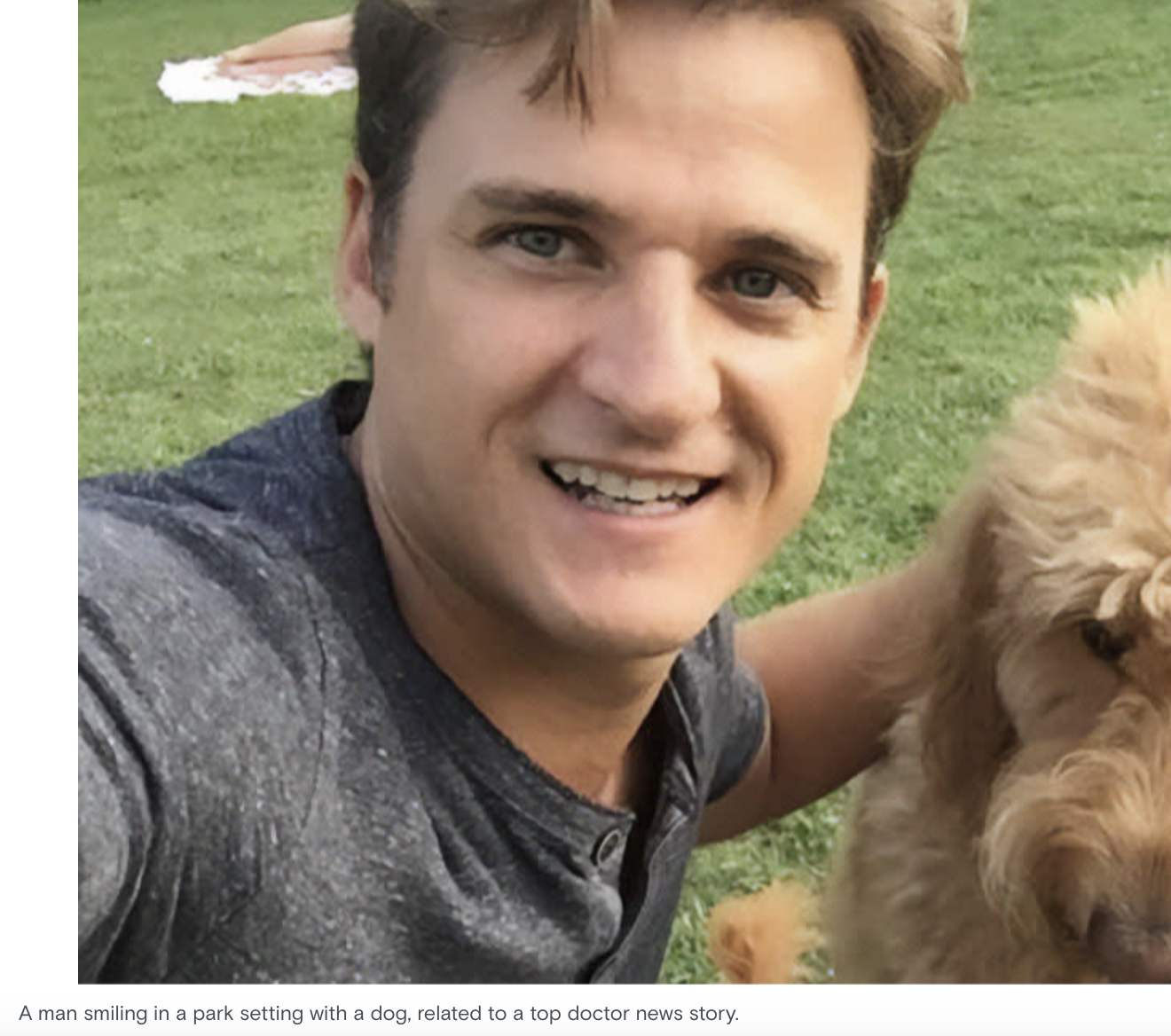 Gerhardt Konig, who is accused of attempted murder, with his dog. Caption reads "A man smiling in a park setting with a dog, related to a top doctor news story"