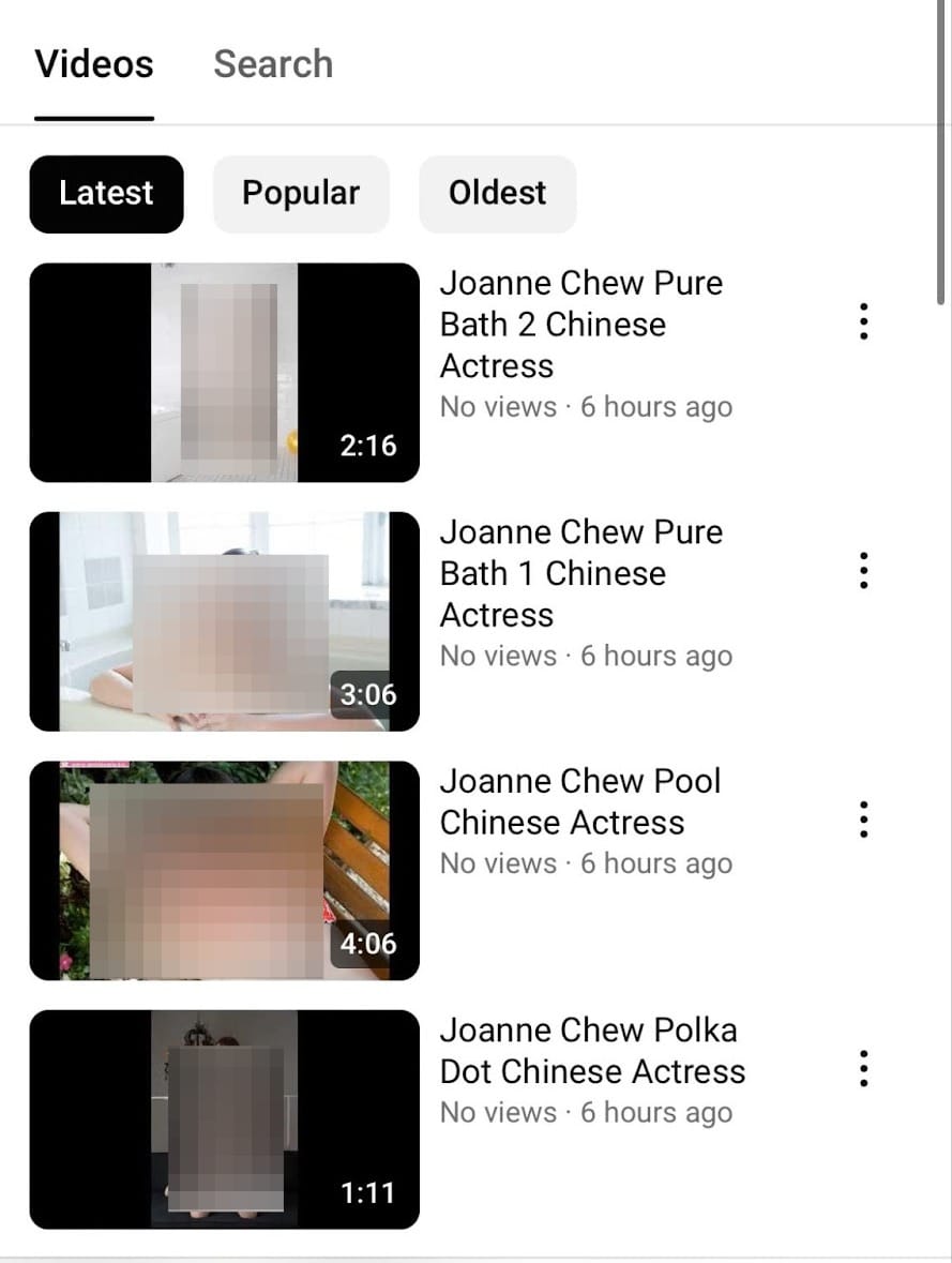 Youtube video thumbnails: Joanne Chew Pure Bath 2 Chinese Actress  No views 6 hours ago  Joanne Chew Pure Bath 1 Chinese Actress  No views 6 hours ago  Joanne Chew Pool Chinese Actress  No views 6 hours ago  Joanne Chew Polka Dot Chinese Actress  No views 6 hours ago