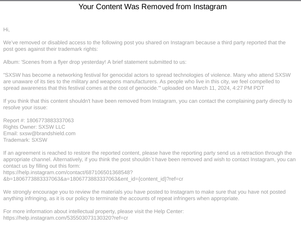 SXSW Used AI-Powered Trademark Tool To Censor Dissent on Instagram