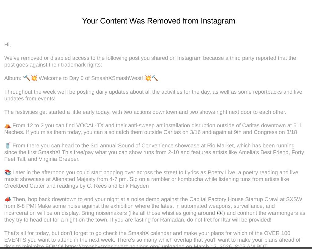 SXSW Used AI-Powered Trademark Tool To Censor Dissent on Instagram