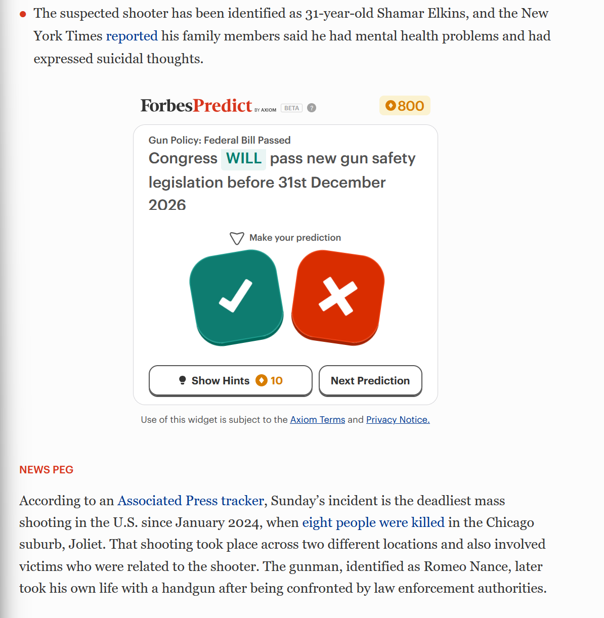 Forbes Prediction Market Gamefies Story About Mass Shooting of 8 Children