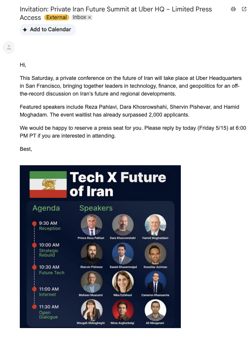 Tech Companies to Discuss Iran's Future During 'Private Conference' at Uber HQ