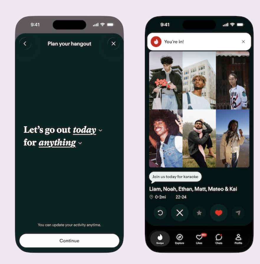Tinder's new hangouts feature. Tinder press assets
