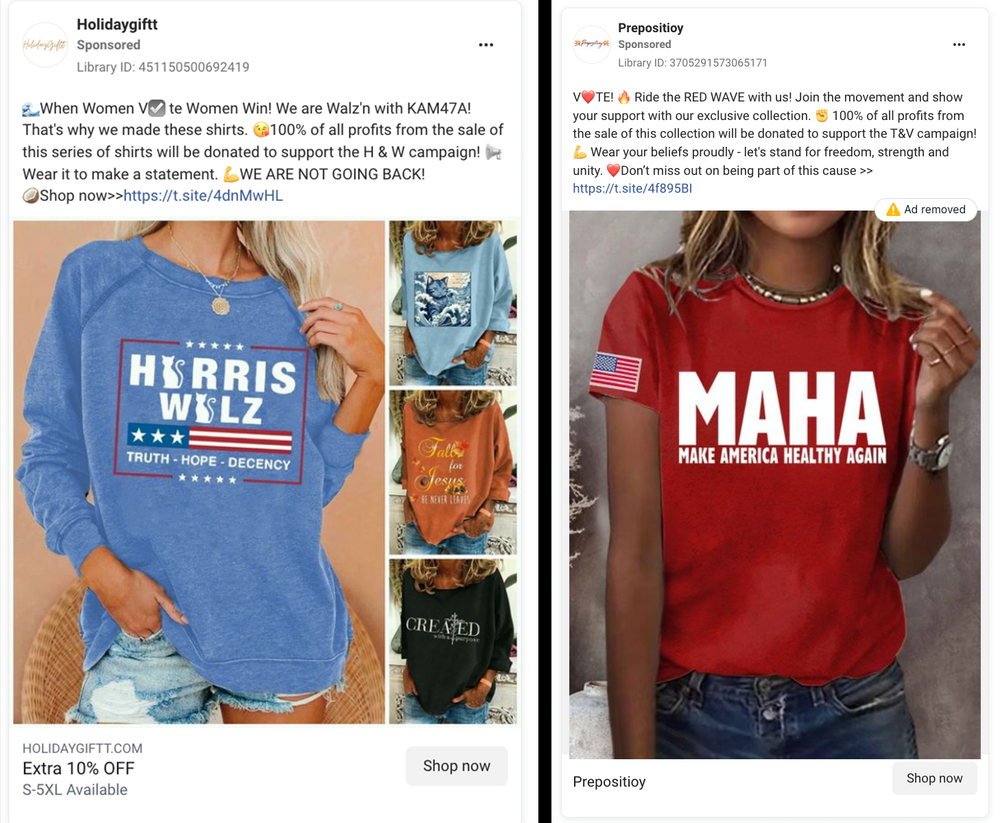 Chinese T-Shirt Maker Flooded Facebook with Ads Promising to Donate Money to Harris, Trump, SuperPACs