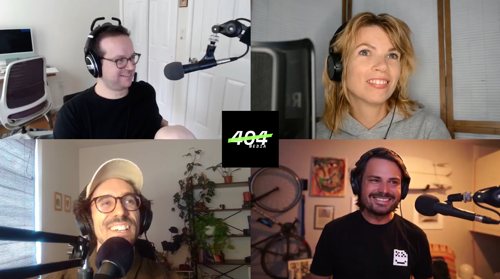 Clockwise: Emanuel, Sam, Jason, and Joseph on the 404 Media podcast.