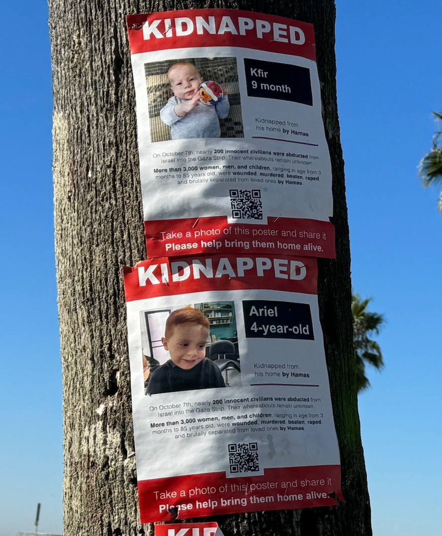 A photo of posters showing Israeli children kidnapped by Hamas.