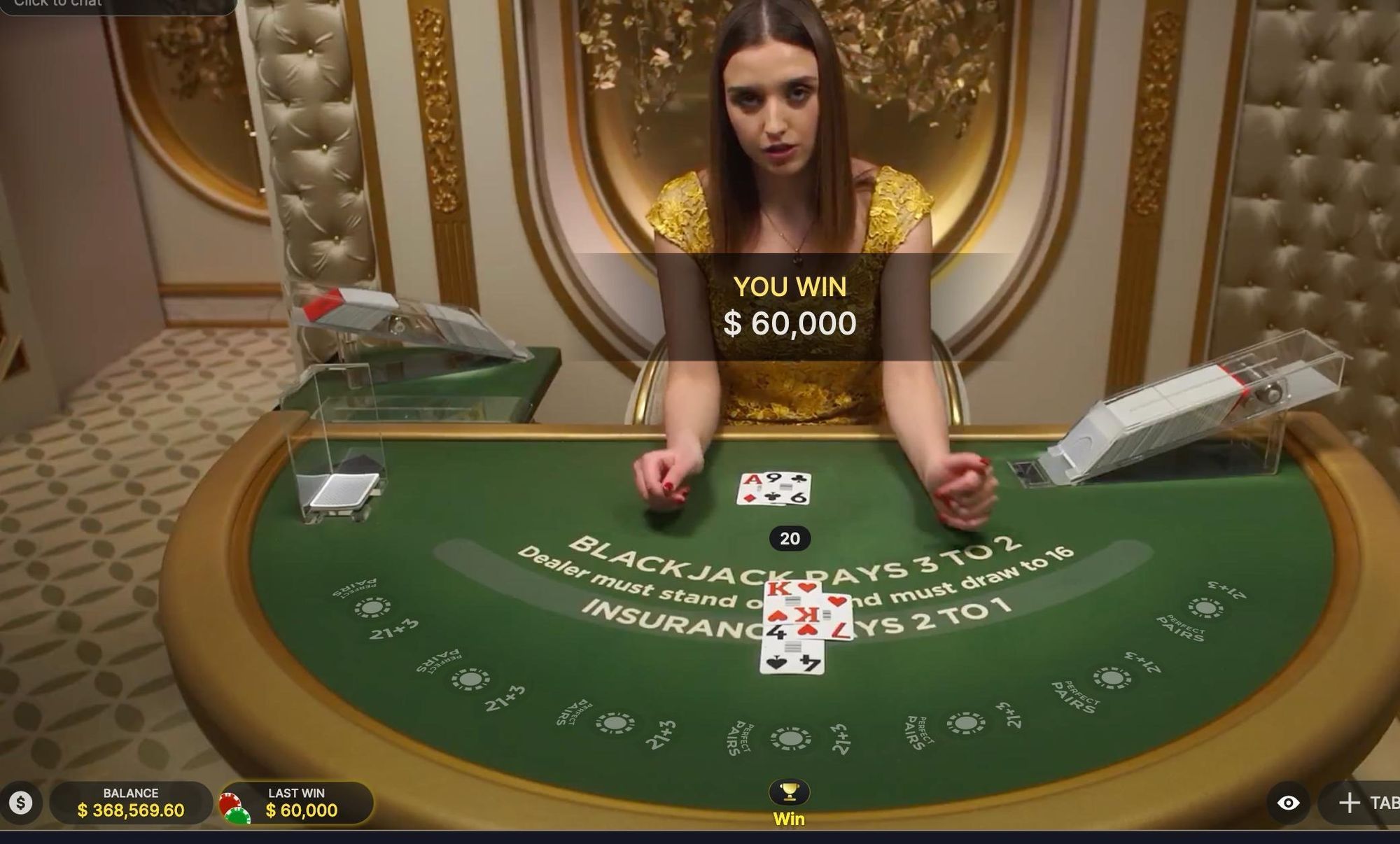 A screenshot of a virtual game of blackjack.