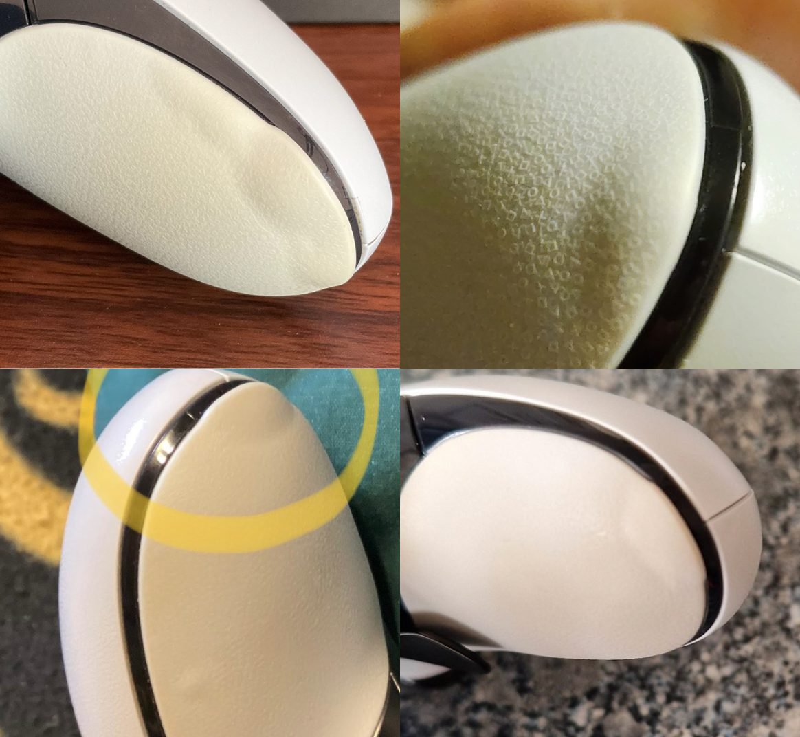 Four photos showing the peeling grip issue with the DualSense Edge controller.