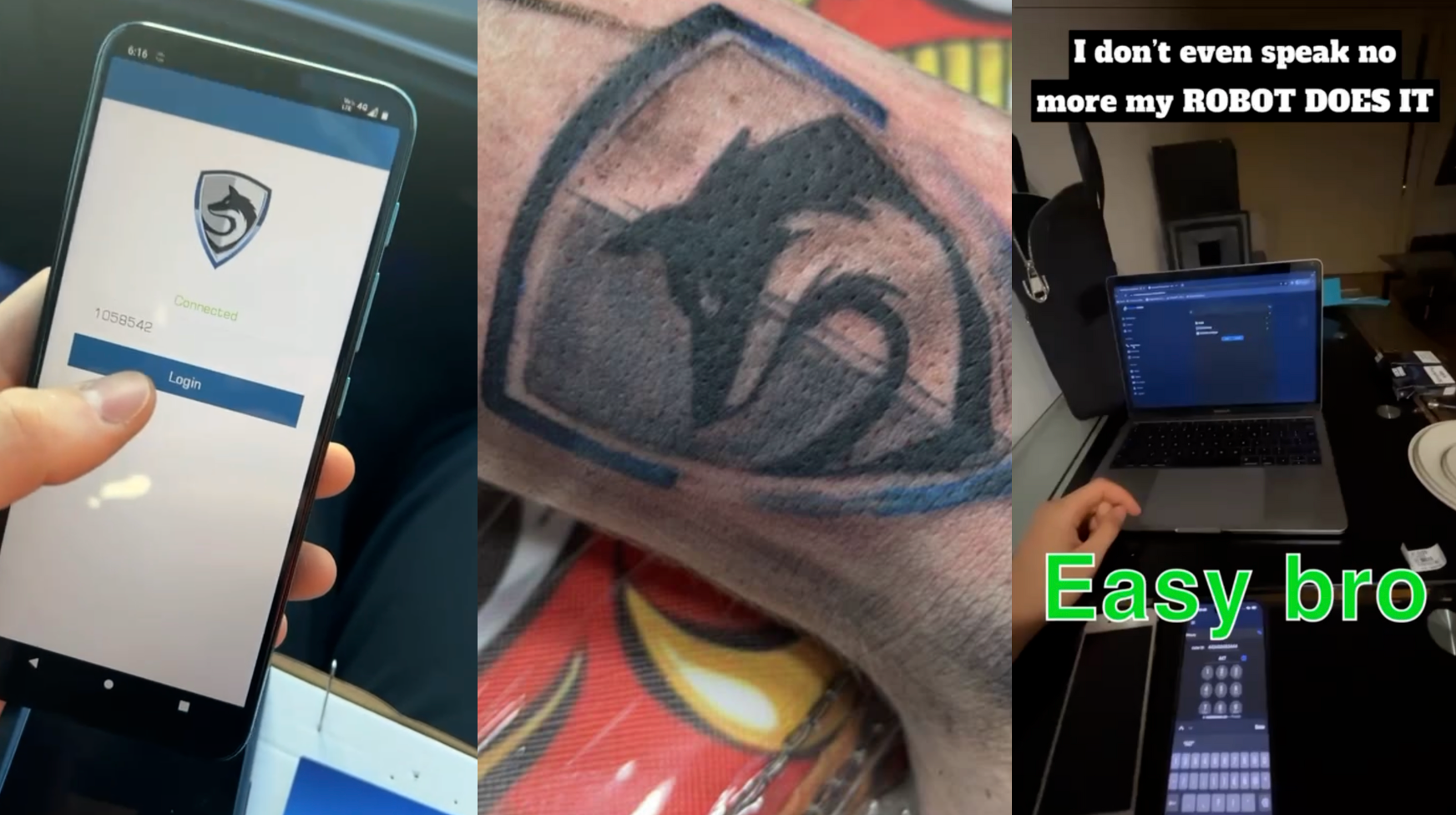 Left to right: a Russiancoms phone, a Russiancoms tattoo, a demonstration of the automation panel.