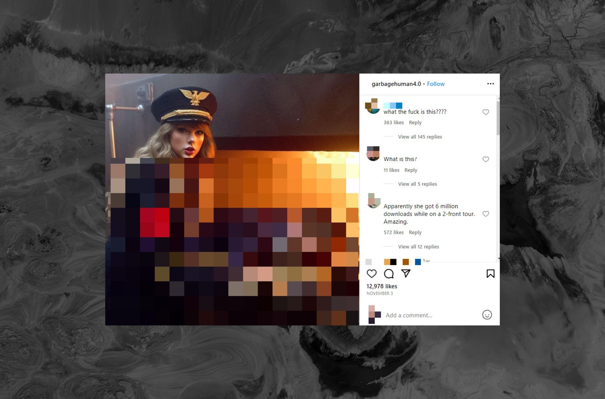 An AI-generated image of Nazi Taylor Swift which was posted to Instagram, partially censored by 404 Media.