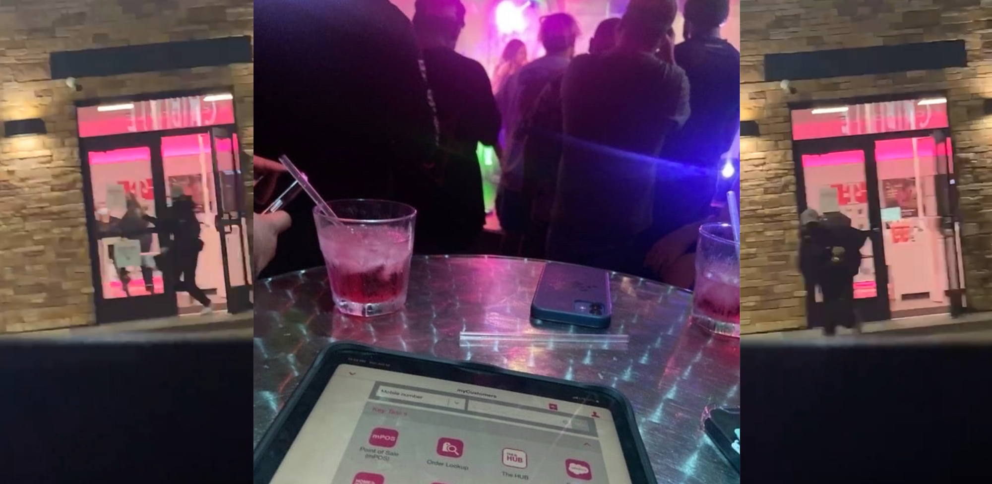 Left to right: a still from the video of someone stealing a tablet; a tablet on a table; another still from the video.