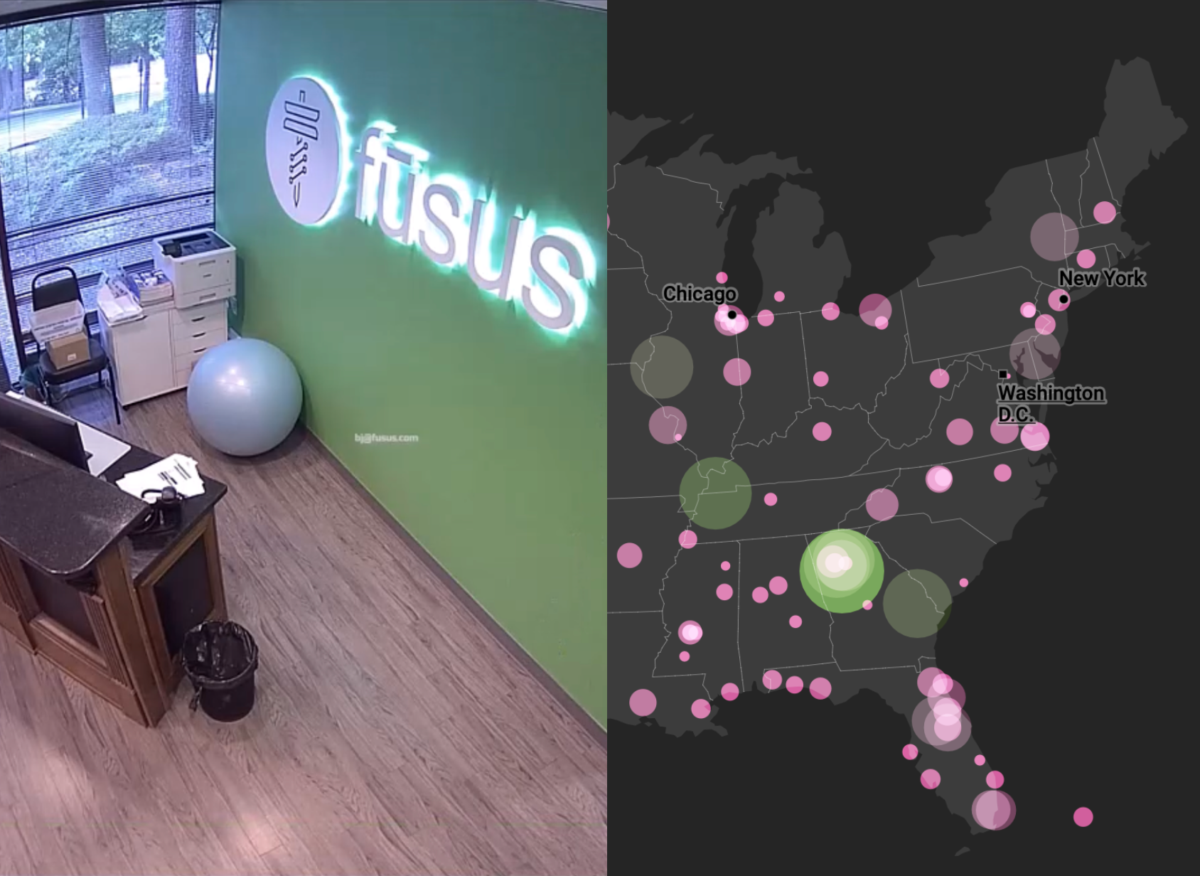 A screenshot from a Fusus training video that is publicly available, and a map made by 404 Media.