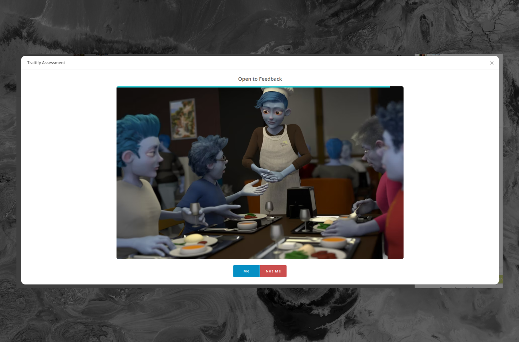 Ash the blue humanoid alien dressed like a chef talking to other blue alien customers at a restaurant.