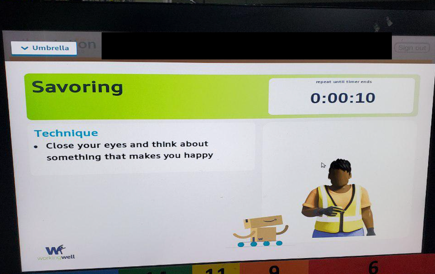 An image of a screen at a fulfillment center showing instructions for "savoring"