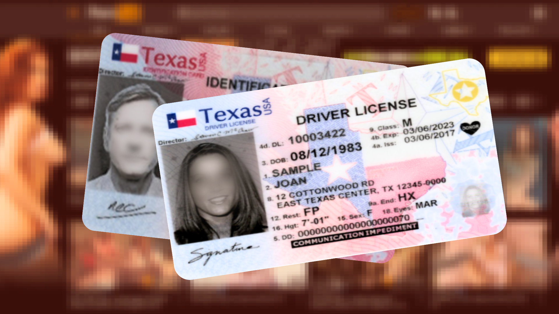 Two Texas IDs with the Pornhub homepage in the background.