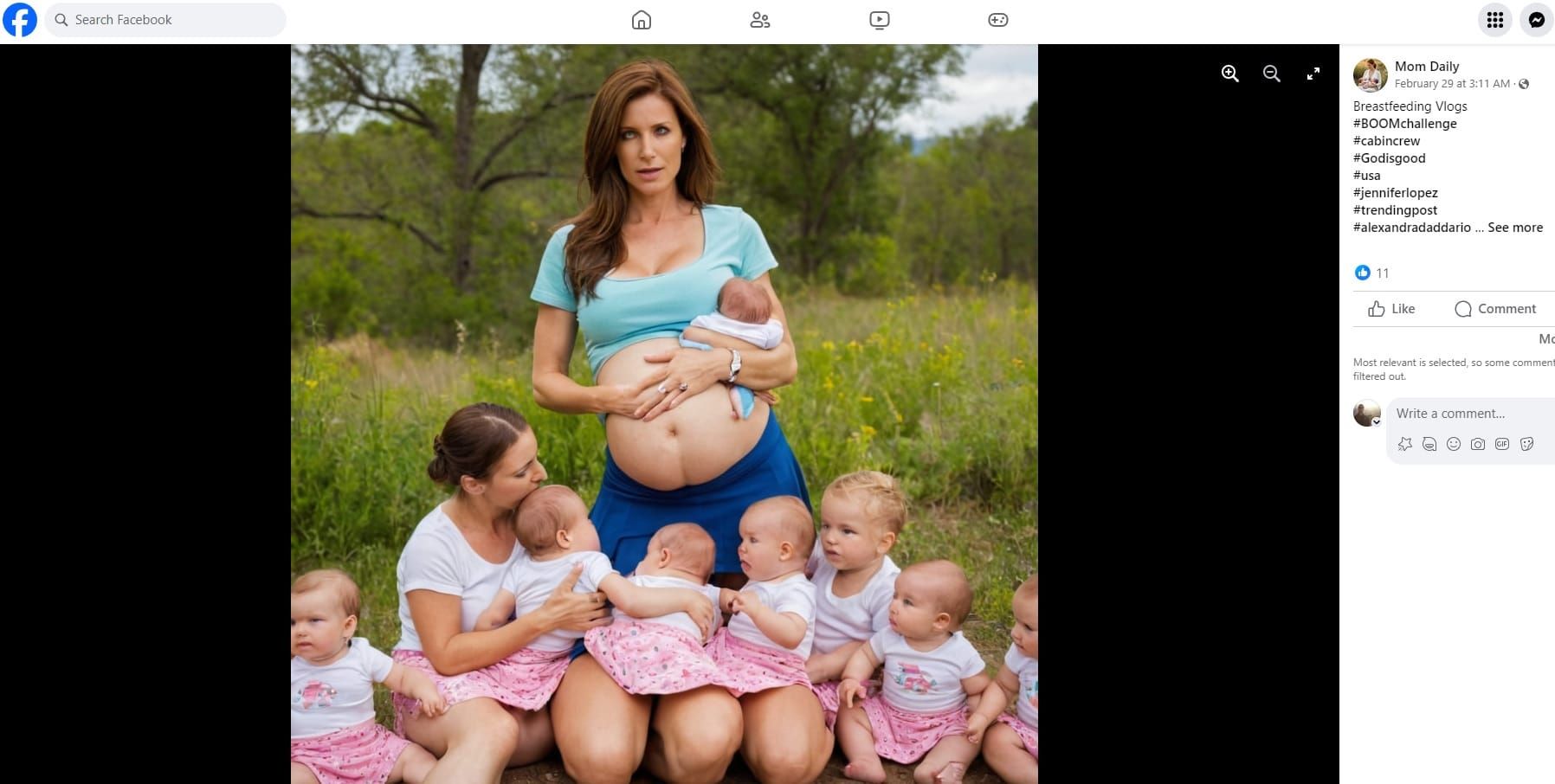 A screenshot of a post on the Facebook page Mom Daily, showing a pregnant woman with three knees.