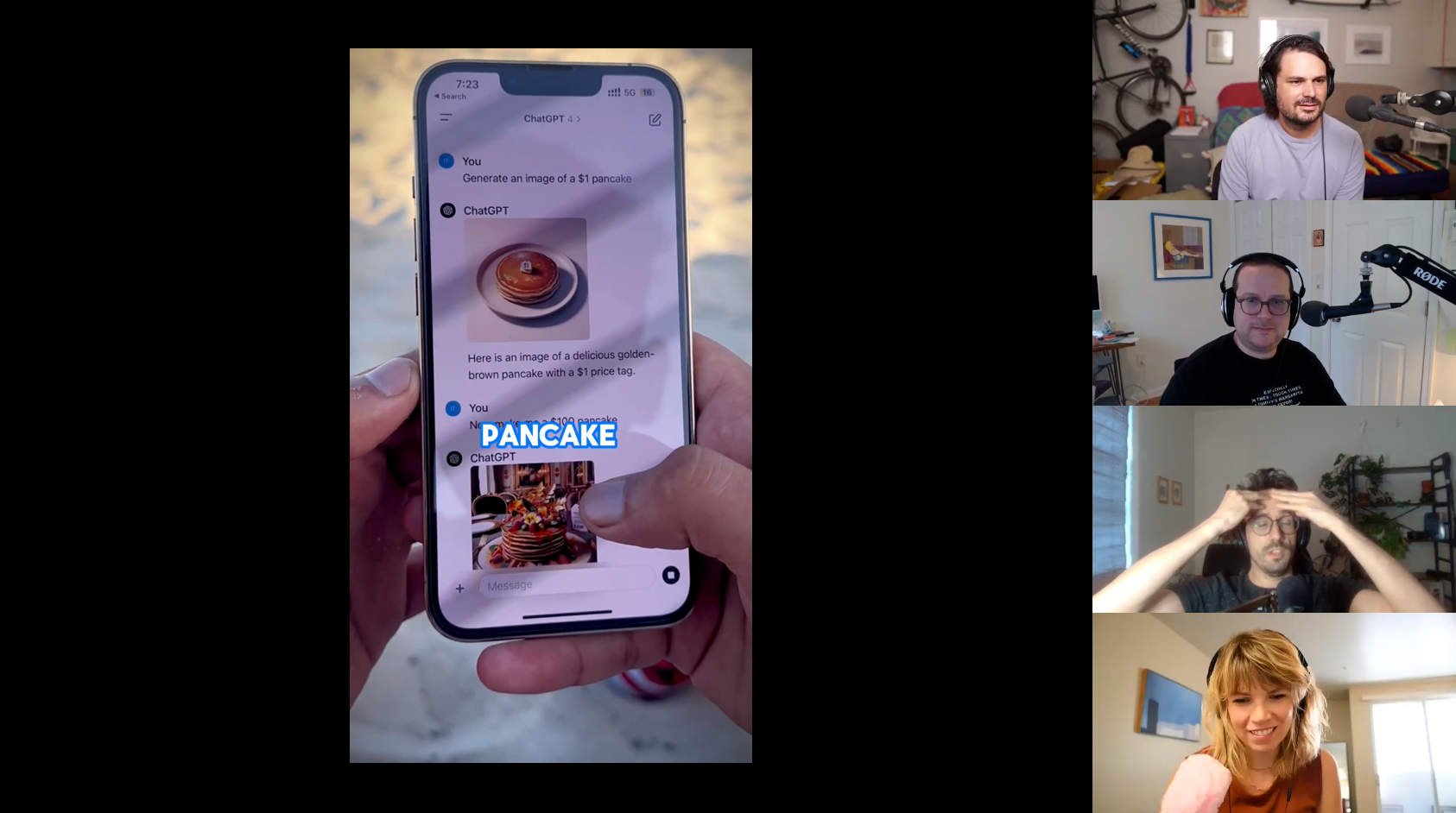 A screenshot of one of the viral TikTok videos, and from top to bottom: Jason Koebler, Emanuel Maiberg, Joseph Cox, Sam Cole.