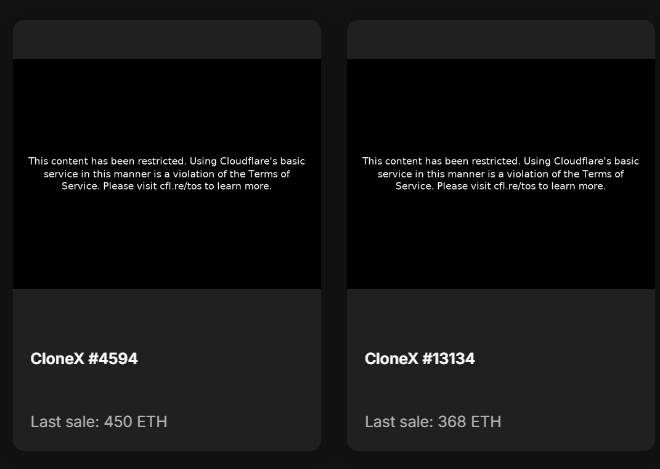 A picture of CloneX NFTs repalce with a Cloudflare error message.