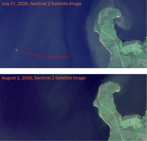 satellite images dated July 21 and August 5, 2026, show shoreline changes in a large bay of water, with a red arrow marking the size of a small island of about 140 by 70 metres