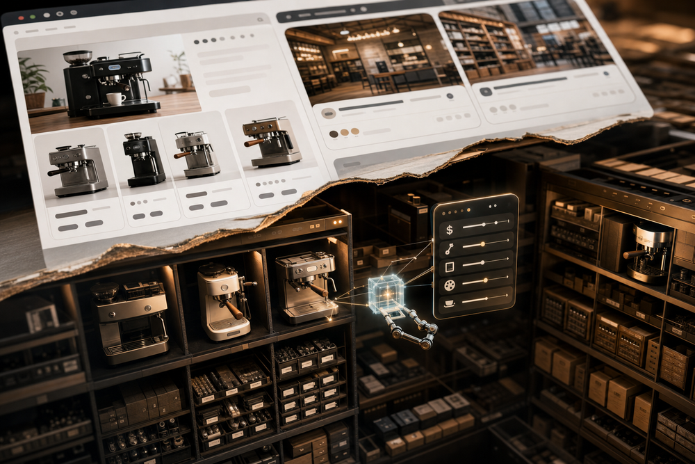 A surreal warehouse-style image showing an AI agent navigating the back end of the internet to select an espresso machine, representing agentic commerce.