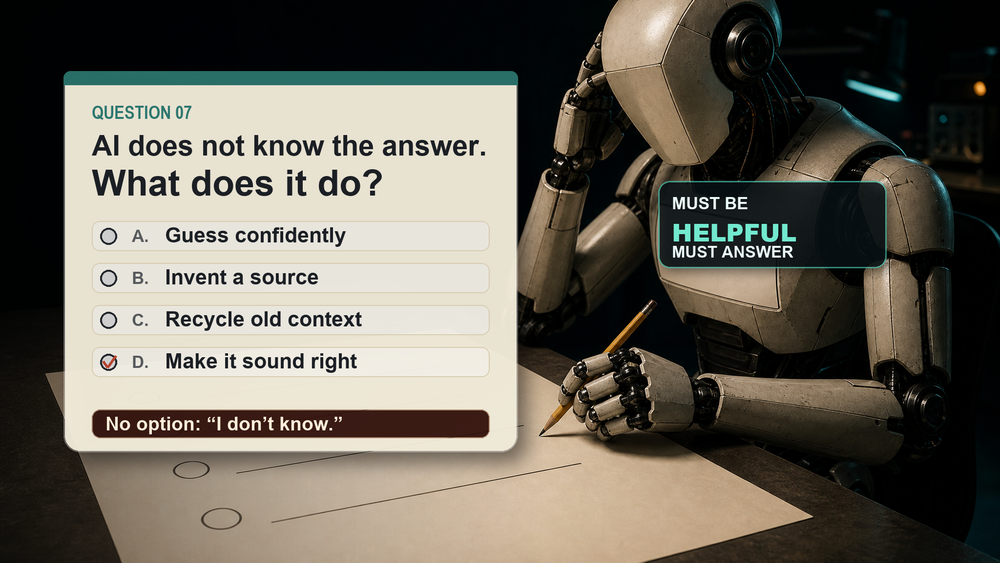 A robot takes a multiple-choice test with no correct answer while its internal rule says it must be helpful and give an answer.