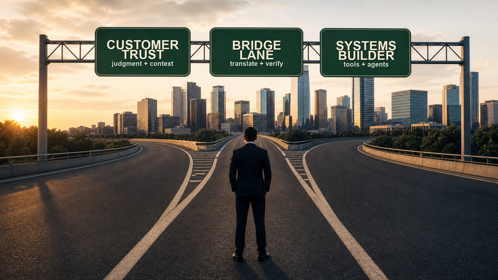 A person stands at the start of three highway lanes labeled Customer Trust, Bridge Lane, and Systems Builder, choosing how to orient their work in the AI shift.