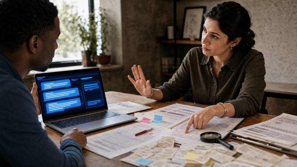 A Black professional pauses an AI handoff at a conference table while another person points to a laptop, with source documents, a red pen, and evidence on the table for verification.