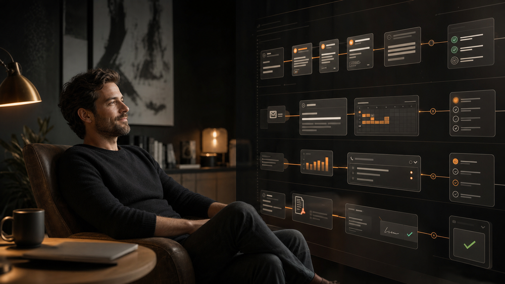 A relaxed operator sits back while an agentic system works across screens and workflow panels on the other side.
