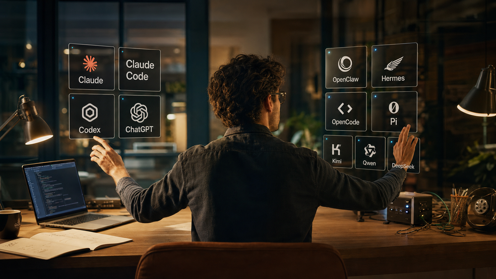 Realistic editorial hero showing a human operator in a warm workspace choosing between closed AI platforms on the left and open agentic systems on the right.