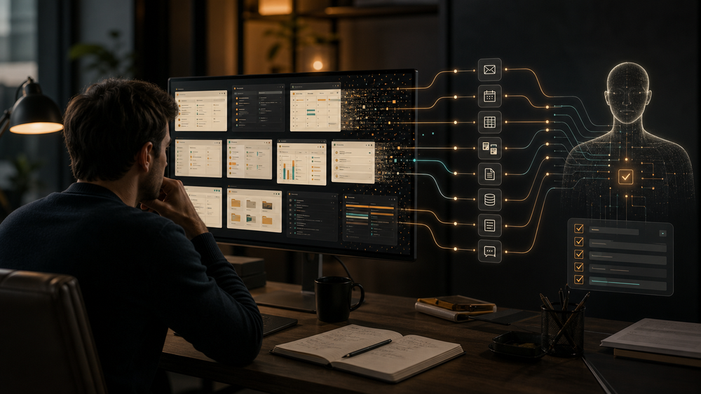 Realistic editorial hero showing a human operator at a software workstation while connected agentic workflow paths move through the stack behind the screen.