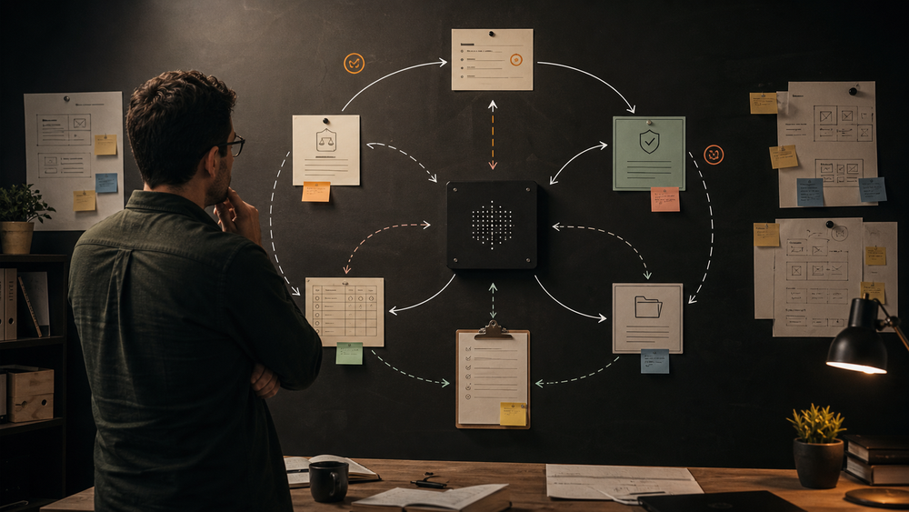 A business operator studies a feedback-loop workflow around an abstract AI model, with policy, context, review, and receipt checkpoints feeding the next run.