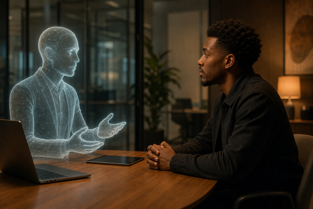 A Black business operator sits across a table from a translucent AI interviewer, listening as the AI asks questions before the work begins.