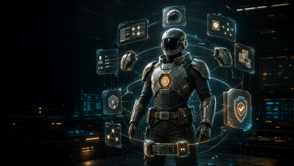 A cinematic AI operator in modular armor stands among orbiting panels representing bootstrap files, memory, tools, permissions, context routes, and review gates.