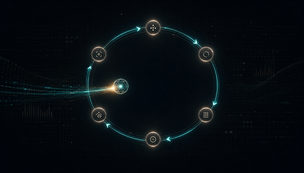 An abstract AI agent moves through a glowing circular workflow loop with small stage nodes, suggesting a repeatable automated process running across a dark technical operations backdrop.
