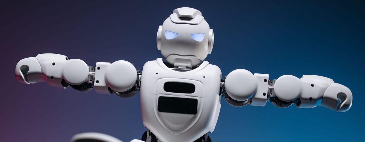 Close-up of a humanoid robot in motion, showcasing modern robotics innovation.