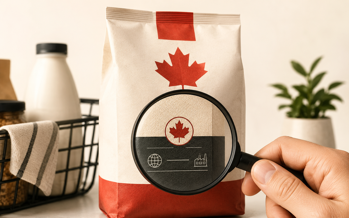 A packaged food product with a maple leaf symbol is examined through a magnifying glass, illustrating how to check Canadian-origin label claims.