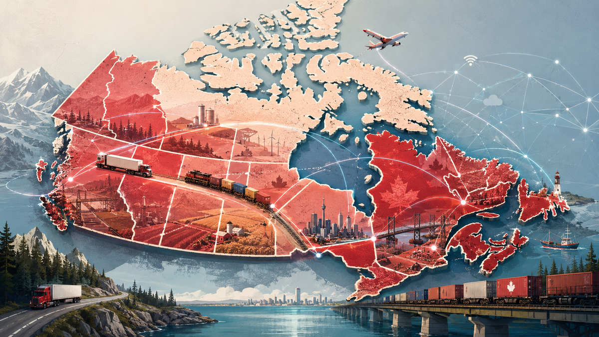 Illustration of trade, transportation and digital connections crossing provincial and territorial borders across Canada.