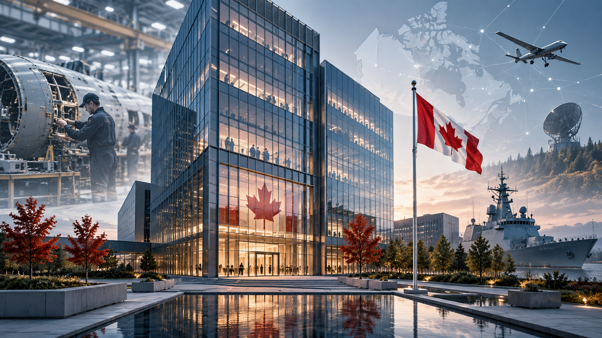 Canadian flag outside a modern office building with aerospace manufacturing, a military ship, drone and satellite dish in a conceptual defence-industry scene.