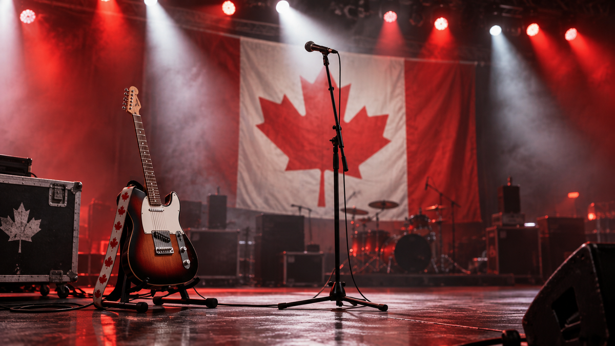 Electric guitar and microphone on a red-and-white concert stage with a Canadian flag in the background.