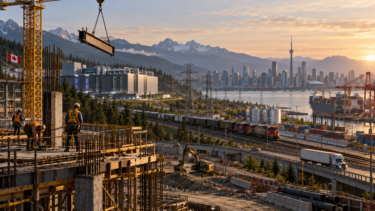 Construction workers overlook rail, power, data-centre and port infrastructure against a Canadian city skyline.