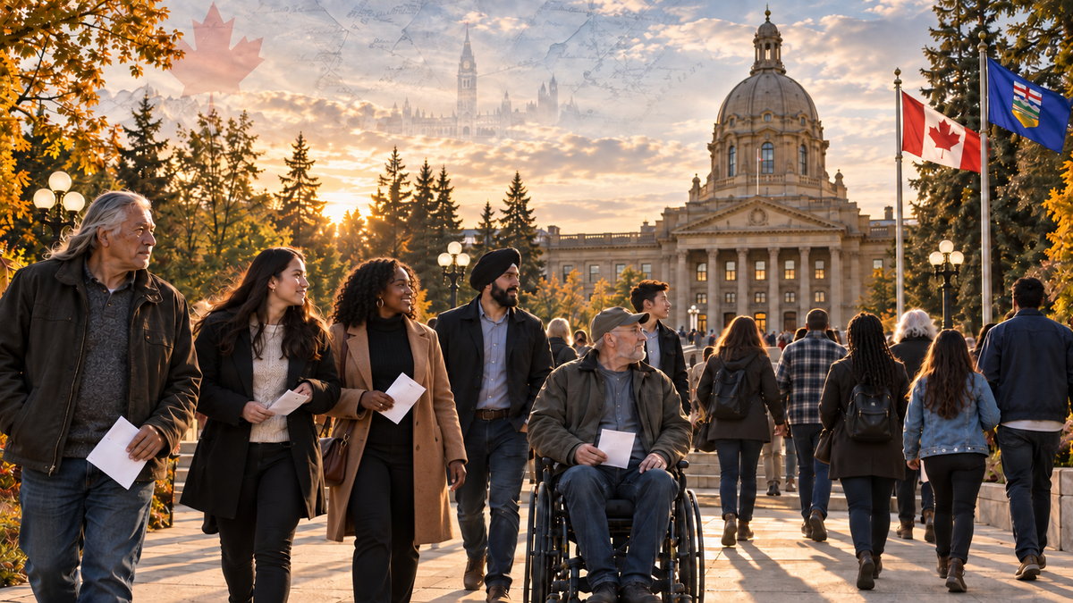 A diverse group of Canadians, including a man in a wheelchair, walks toward the Alberta Legislature in Edmonton at sunset, with Canadian and Alberta flags and faint map and Parliament imagery